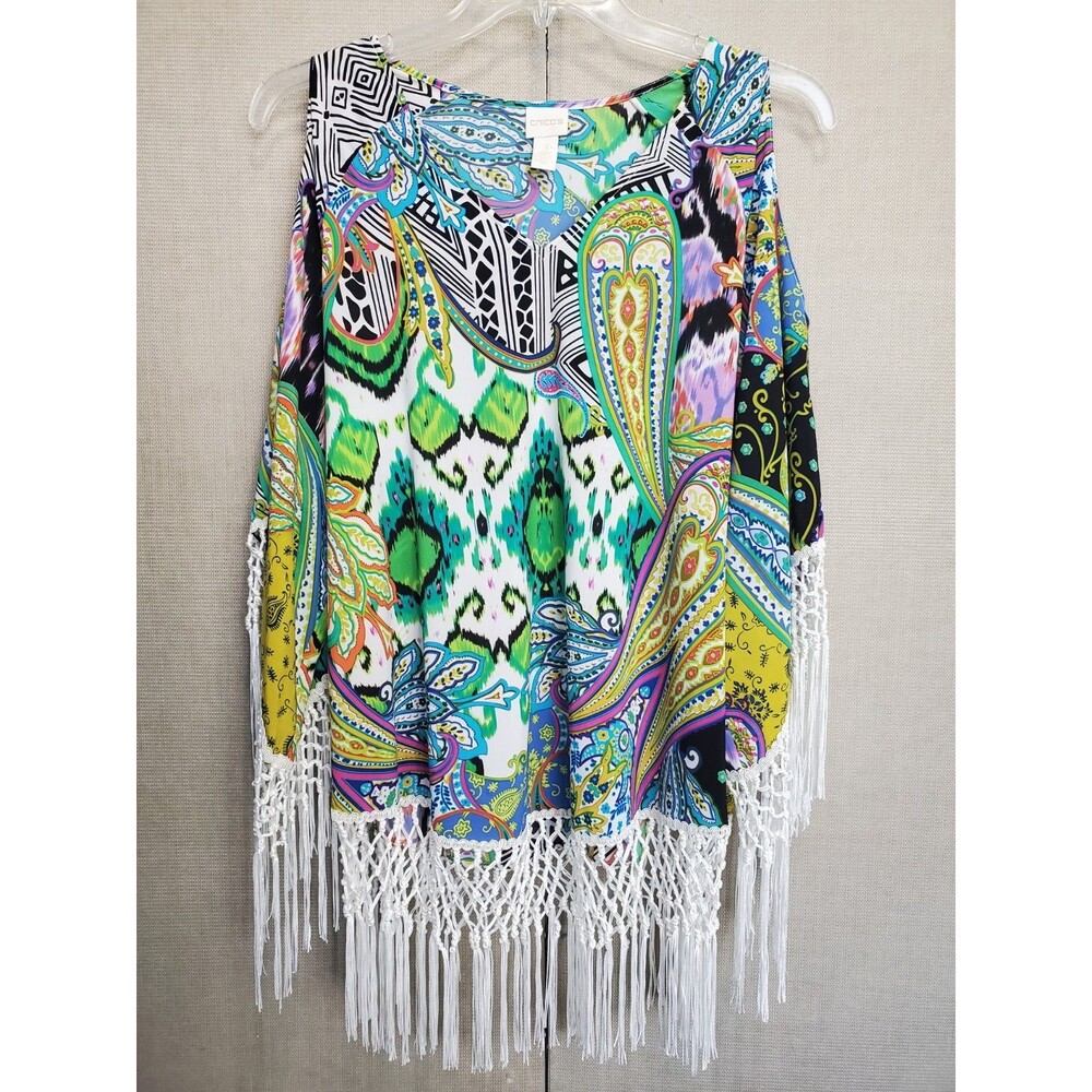 Chico’s Multicolor Paisley Cold Shoulder Fringed Tunic Size 3 (XL) Boho Hippie